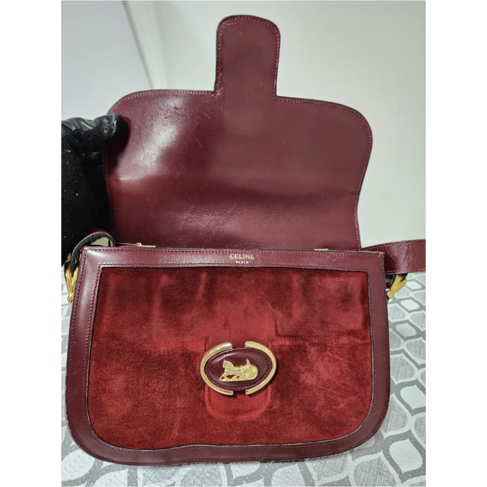 CELINE VINTAGE SULKY SUEDE CARRIAGE SHOULDER BAG BURGUNDY - Picture 11 of 15